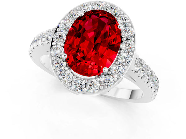 White gold Oval Cut Ruby Halo Ring with Round Pavé Split Shank and Prong Setting