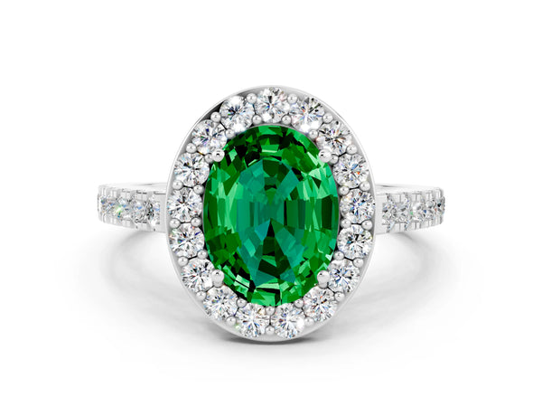 Platinum Oval Cut Emerald Halo Ring with Round Pavé Split Shank and Prong Setting