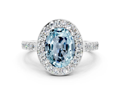 White gold Oval Cut Halo Diamond Ring with Pavé Band and Three-Prong Setting_24
