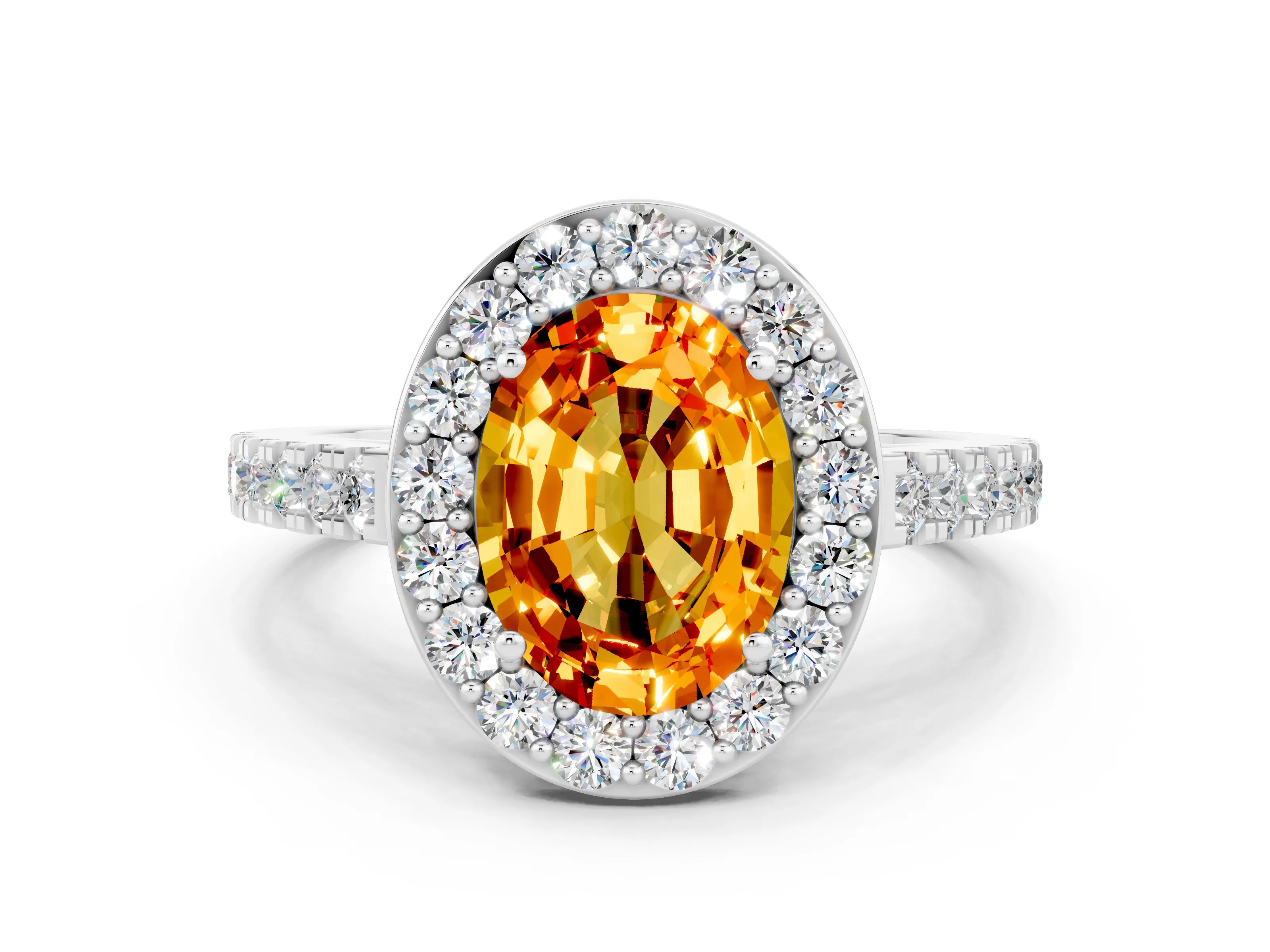 White gold Oval Cut Halo Diamond Ring with Pavé Band and Three-Prong Setting_24