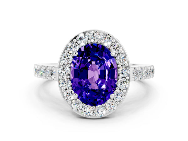 Platinum Oval Cut Tanzanite Halo Ring with Round Pavé Split Shank and Prong Setting