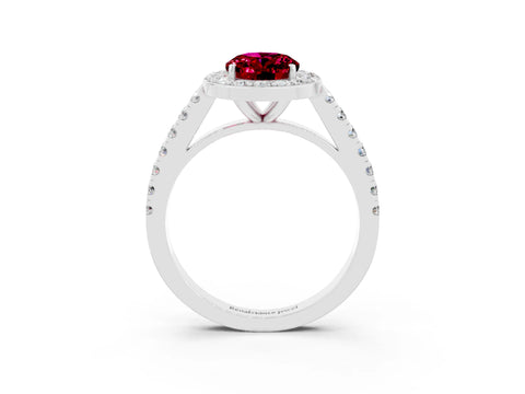 White gold Oval Cut Halo Diamond Ring with Pavé Band and Three-Prong Setting_24