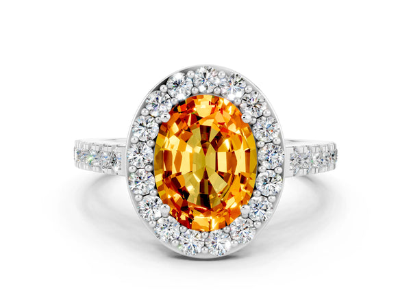 Platinum Oval Cut Citrine Halo Ring with Round Pavé Split Shank and Prong Setting