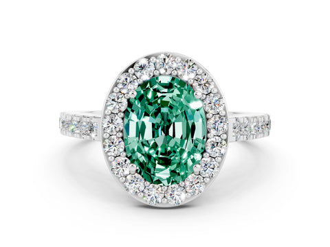 White gold Oval Cut Halo Diamond Ring with Pavé Band and Three-Prong Setting_24