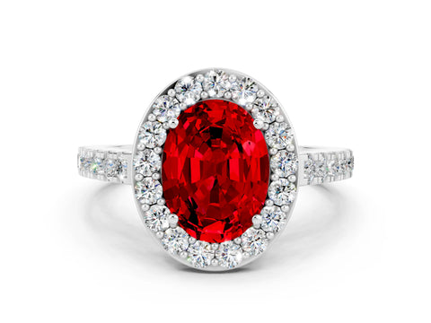 White gold Oval Cut Halo Diamond Ring with Pavé Band and Three-Prong Setting_24