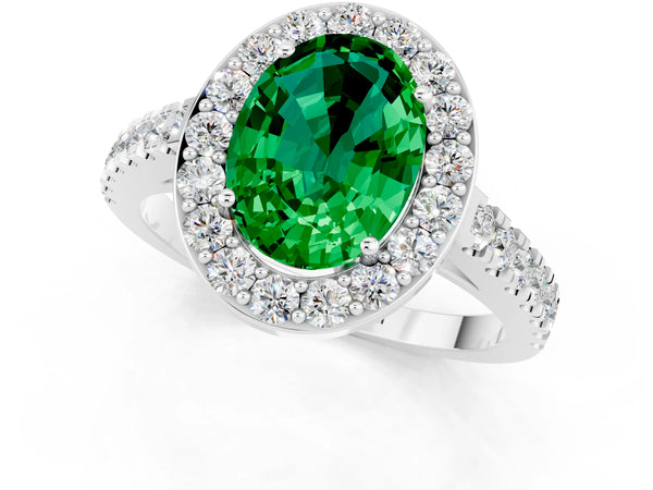 Platinum Oval Cut Emerald Halo Ring with Round Pavé Split Shank and Prong Setting