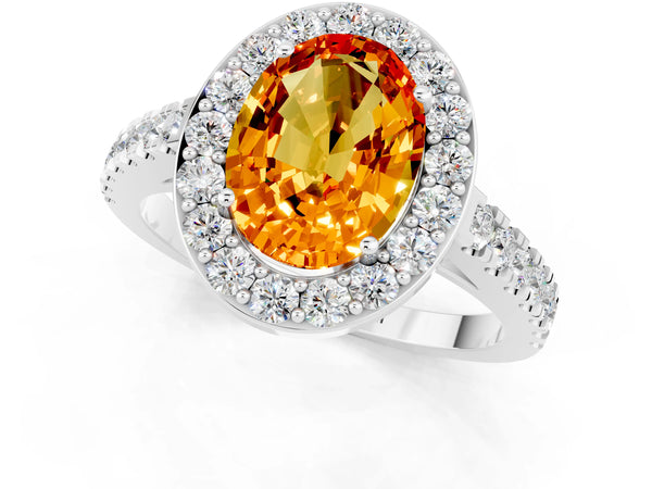 Platinum Oval Cut Citrine Halo Ring with Round Pavé Split Shank and Prong Setting
