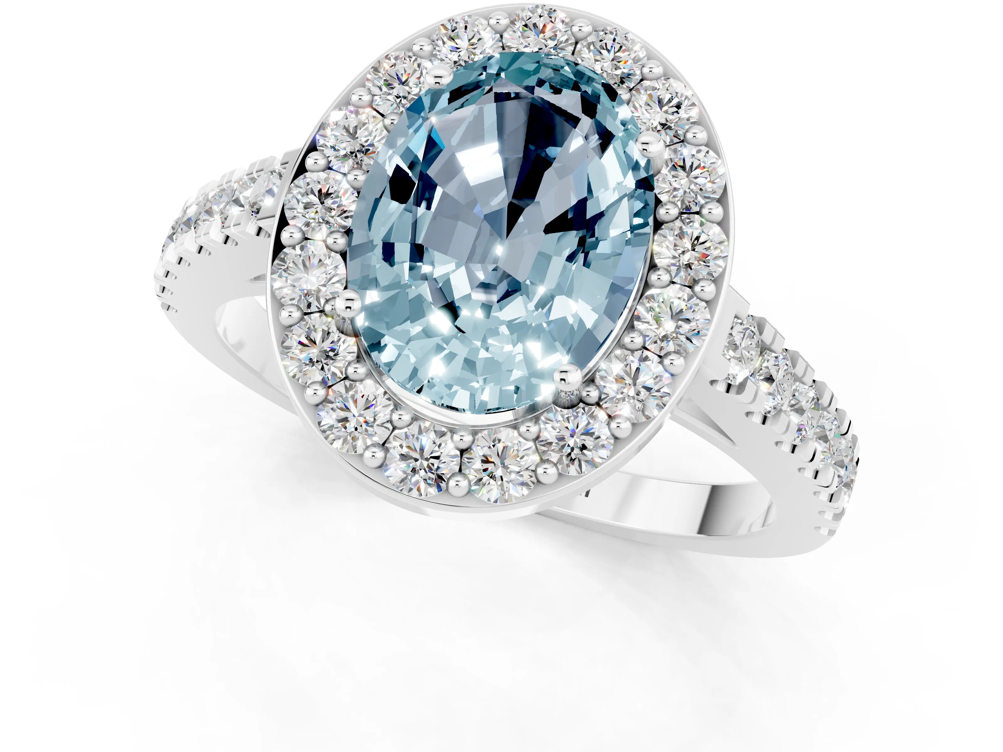White gold Oval Cut Halo Diamond Ring with Pavé Band and Three-Prong Setting_25