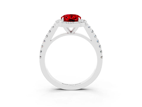 White gold Oval Cut Halo Diamond Ring with Pavé Band and Three-Prong Setting_25