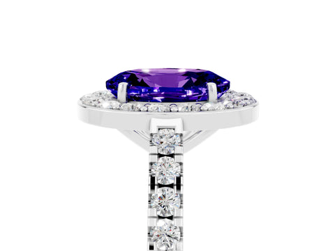White gold Oval Cut Halo Diamond Ring with Pavé Band and Three-Prong Setting_25