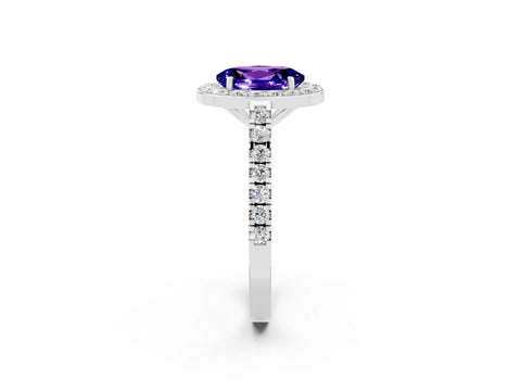 White gold Oval Cut Halo Diamond Ring with Pavé Band and Three-Prong Setting_26