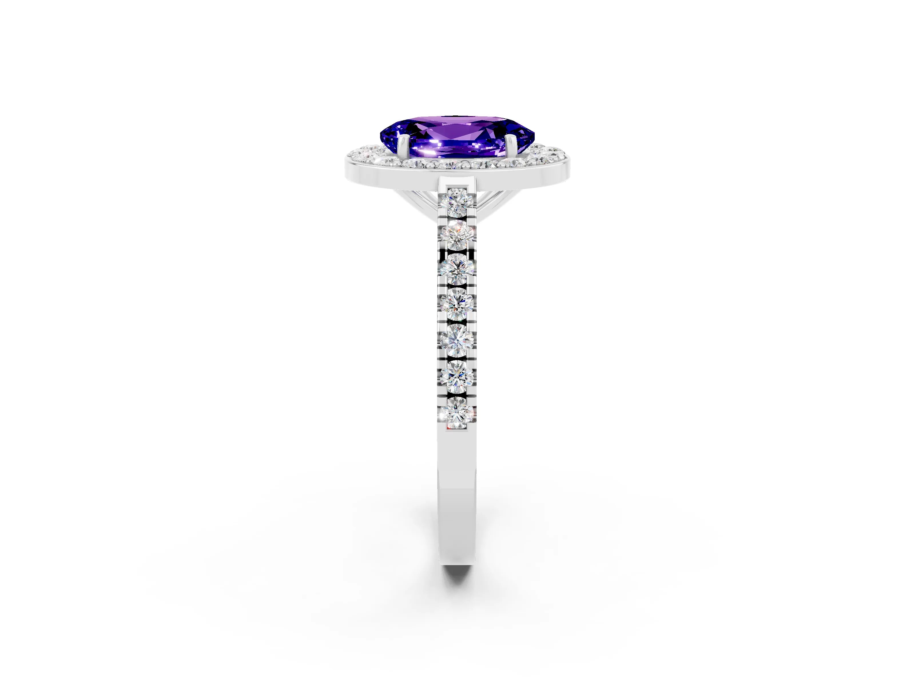 White gold Oval Cut Halo Diamond Ring with Pavé Band and Three-Prong Setting_26