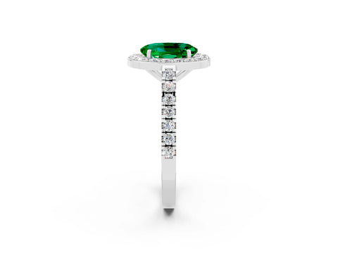 White gold Oval Cut Halo Diamond Ring with Pavé Band and Three-Prong Setting_26