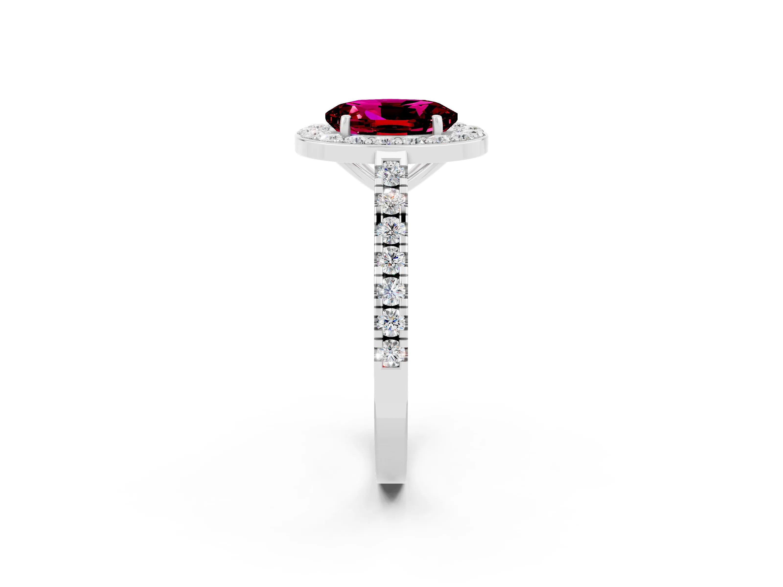 White gold Oval Cut Halo Diamond Ring with Pavé Band and Three-Prong Setting_26