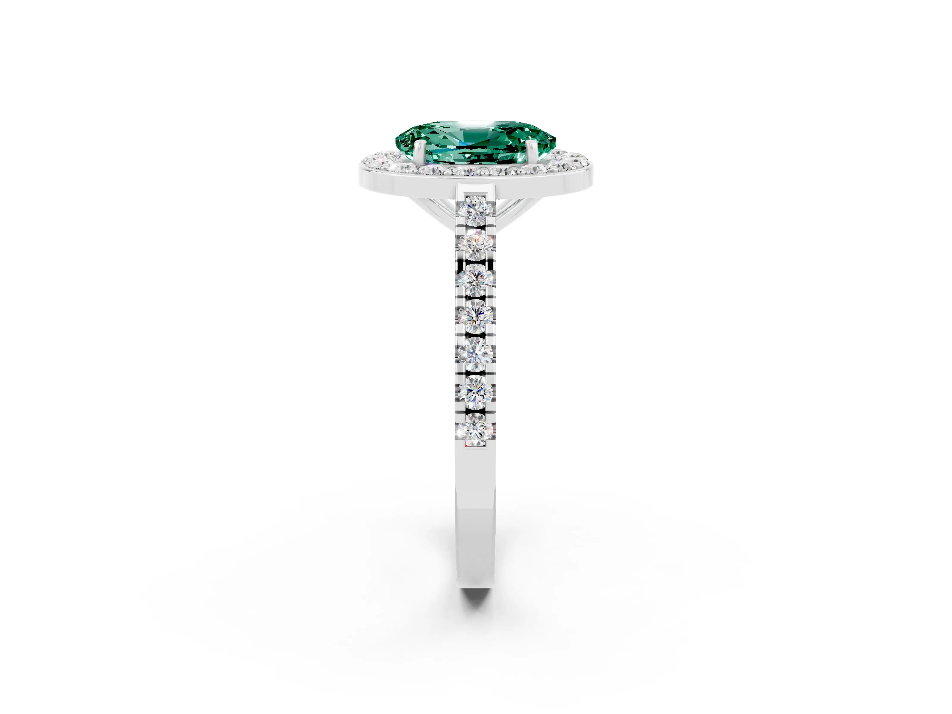 White gold Oval Cut Halo Diamond Ring with Pavé Band and Three-Prong Setting_26