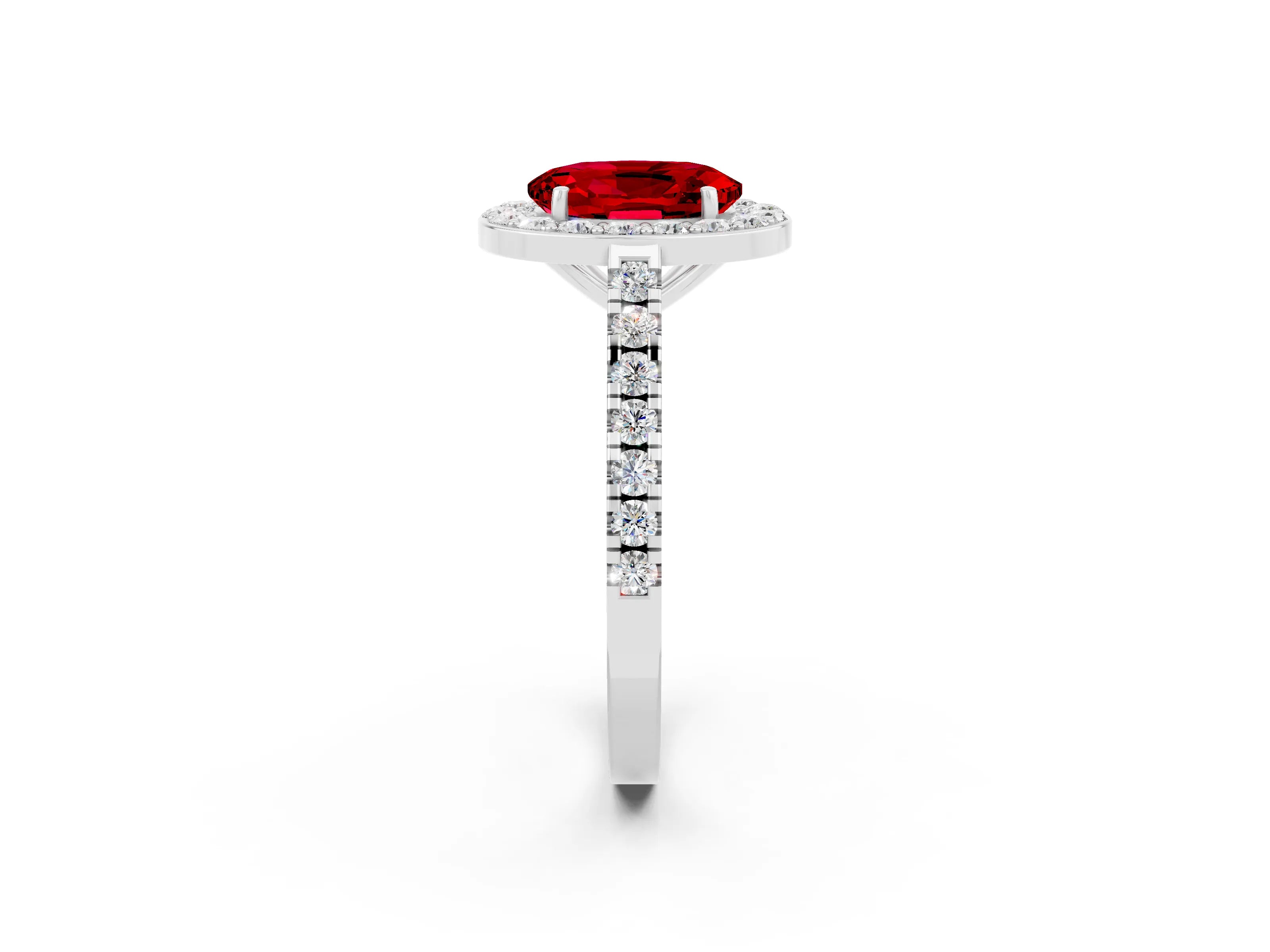 White gold Oval Cut Halo Diamond Ring with Pavé Band and Three-Prong Setting_26