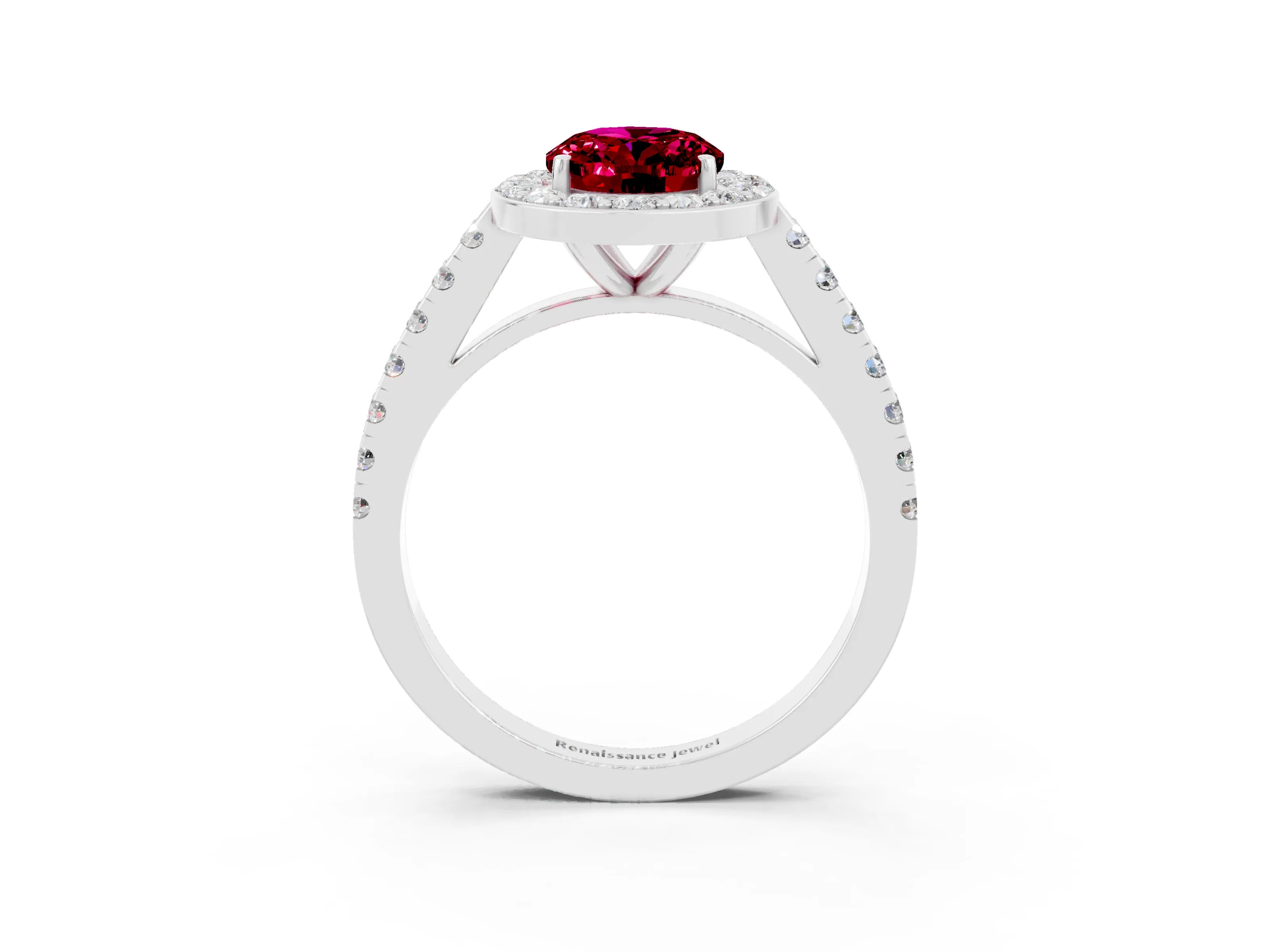 White gold Oval Cut Halo Diamond Ring with Pavé Band and Three-Prong Setting_27