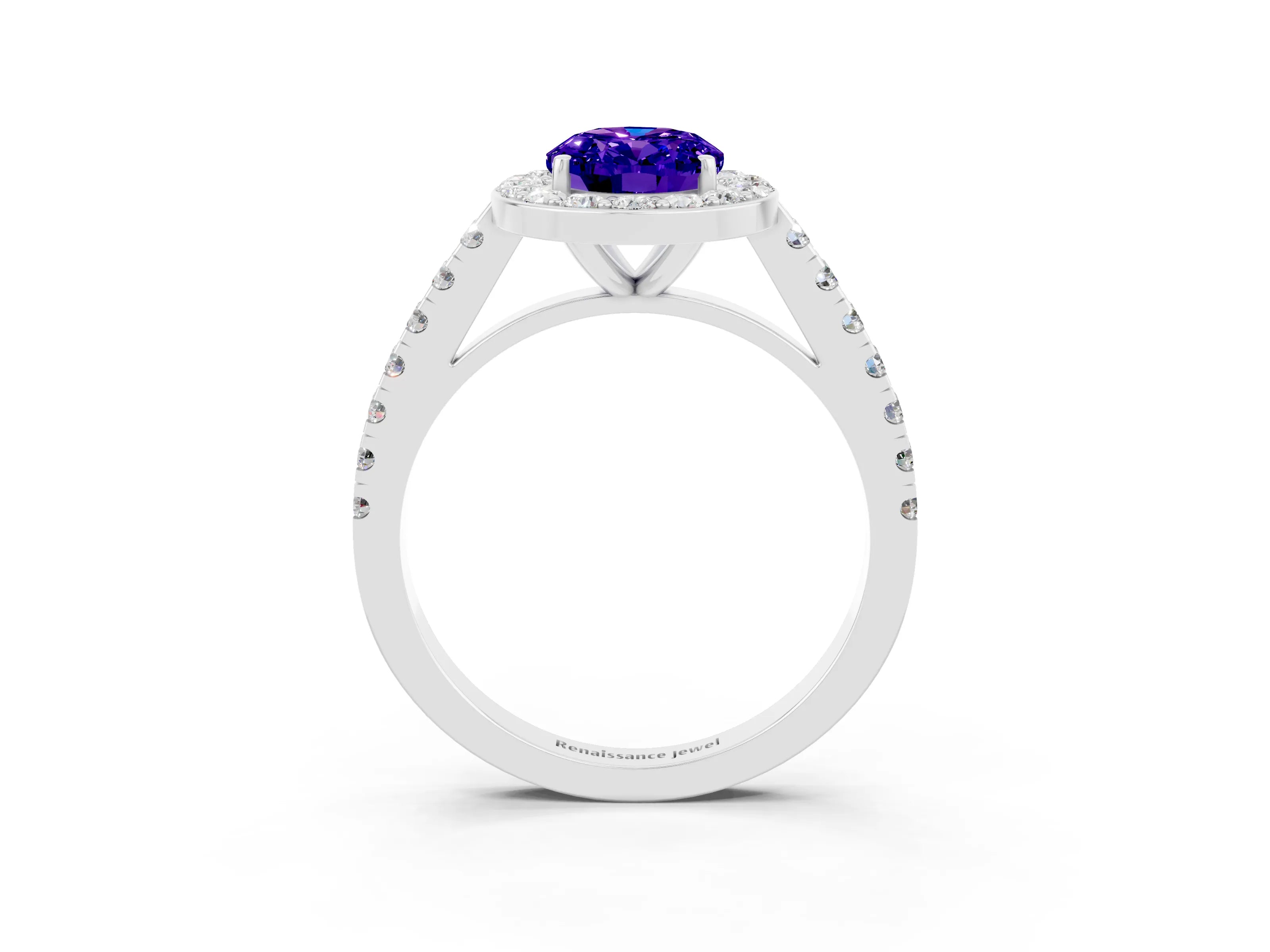 White gold Oval Cut Halo Diamond Ring with Pavé Band and Three-Prong Setting_27