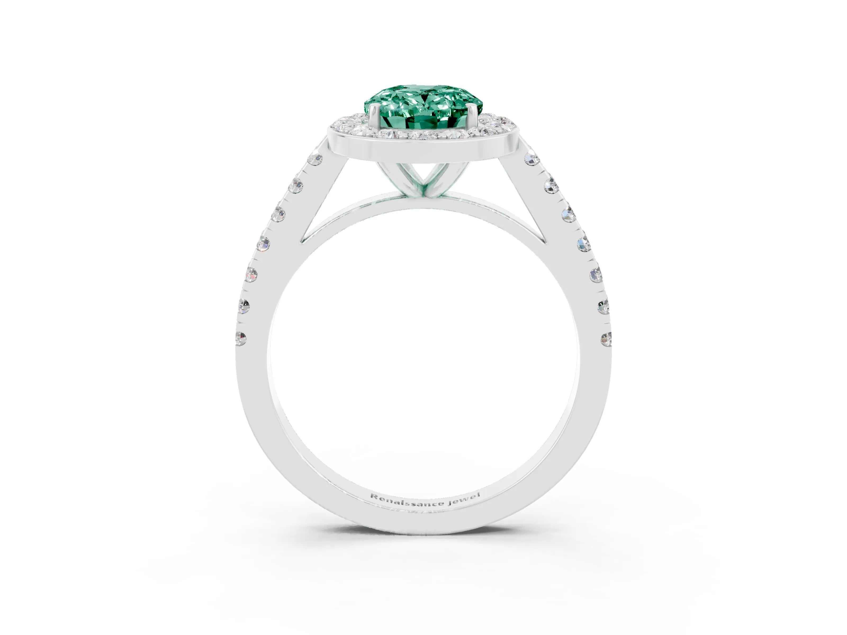 White gold Oval Cut Halo Diamond Ring with Pavé Band and Three-Prong Setting_27