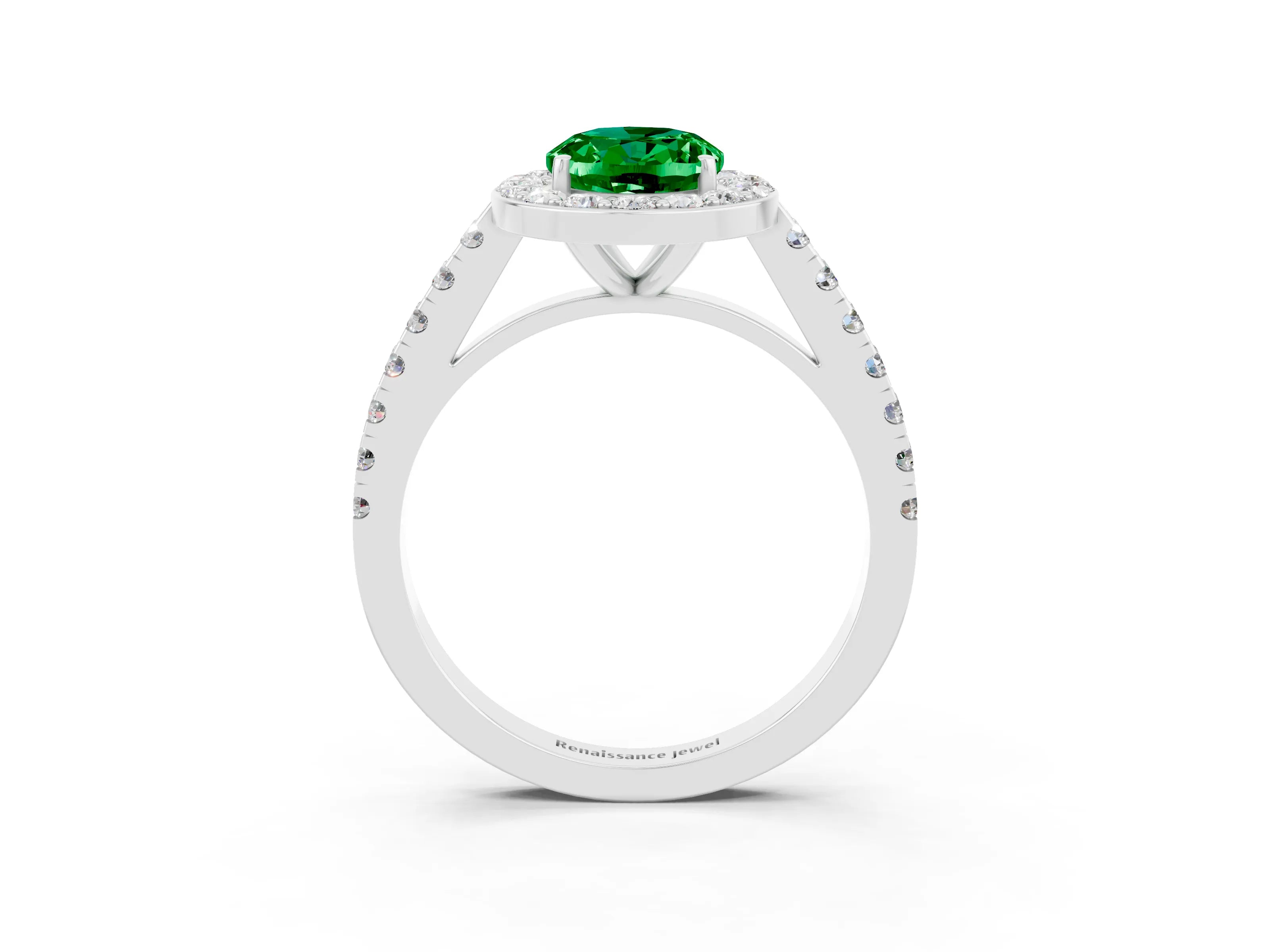 White gold Oval Cut Halo Diamond Ring with Pavé Band and Three-Prong Setting_27