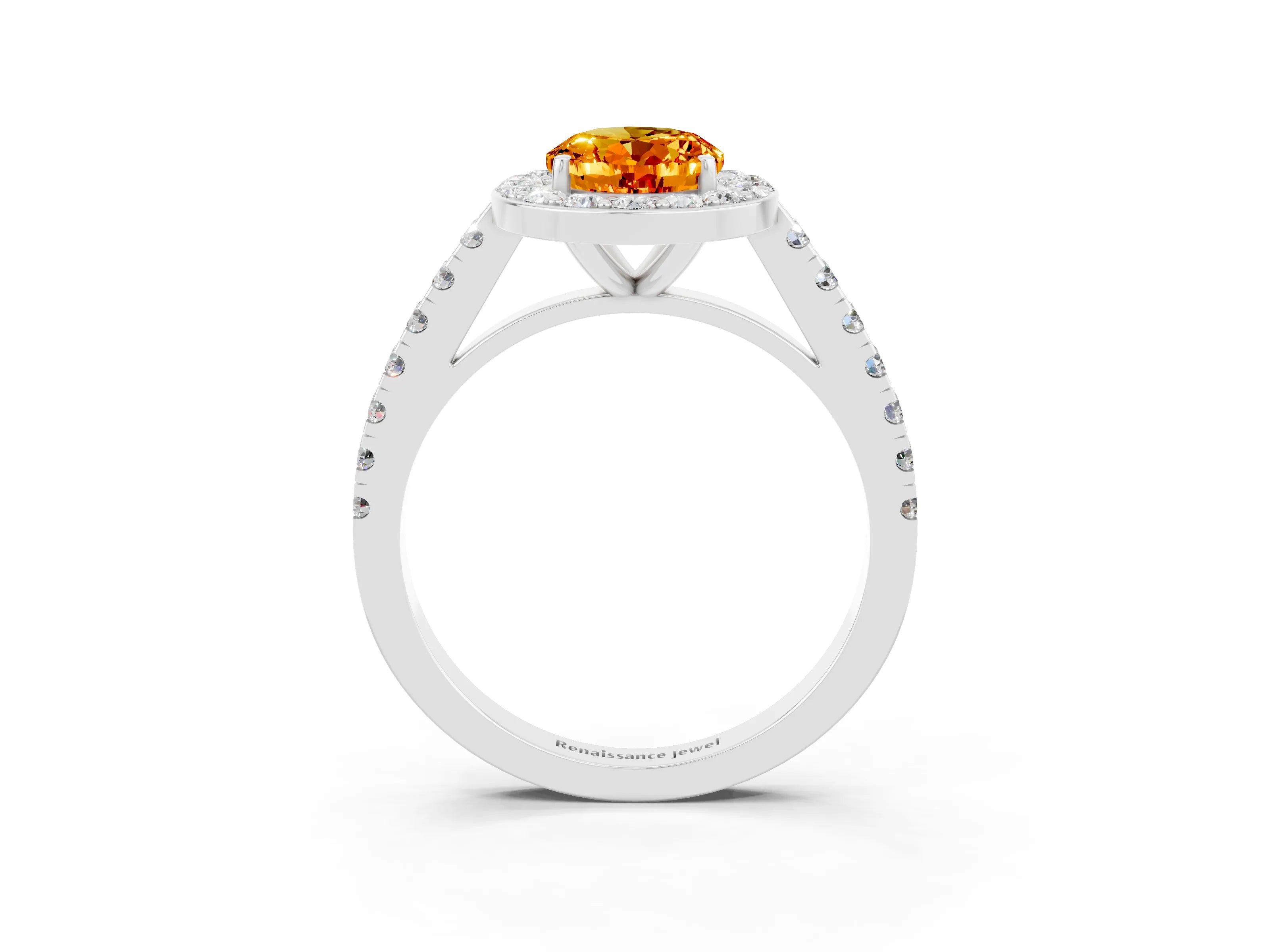 White gold Oval Cut Halo Diamond Ring with Pavé Band and Three-Prong Setting_27