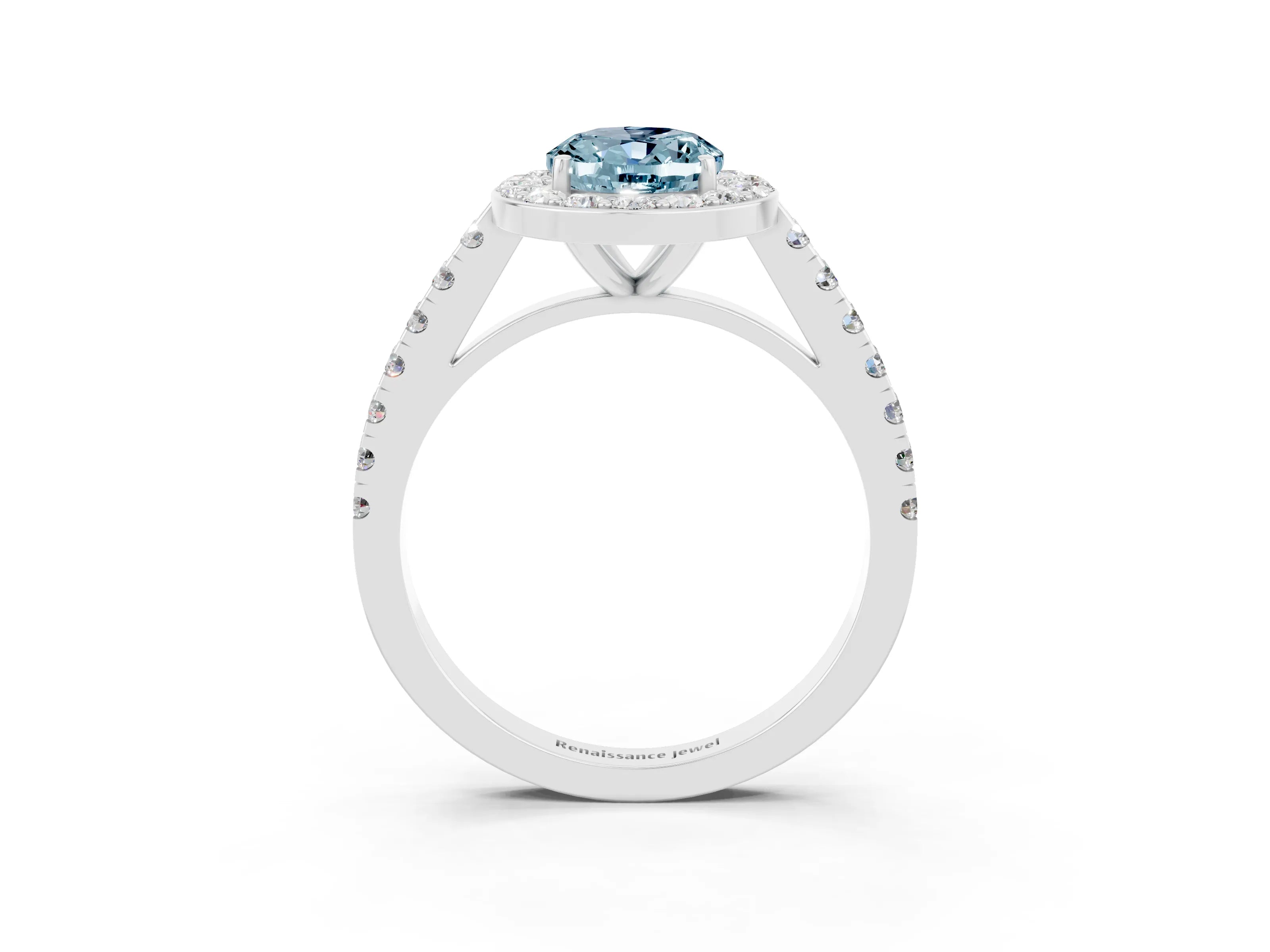 White gold Oval Cut Halo Diamond Ring with Pavé Band and Three-Prong Setting_27