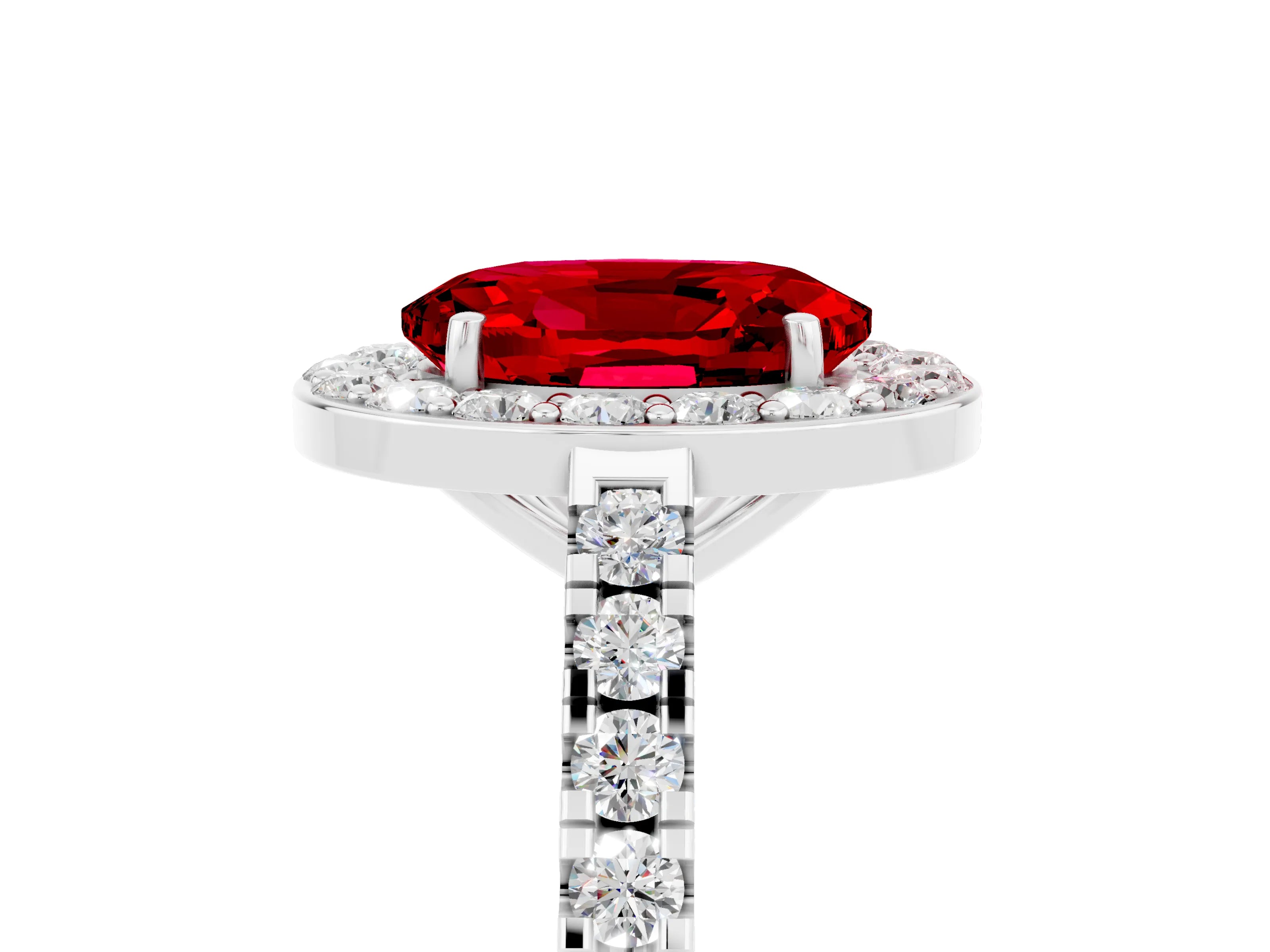White gold Oval Cut Halo Diamond Ring with Pavé Band and Three-Prong Setting_27
