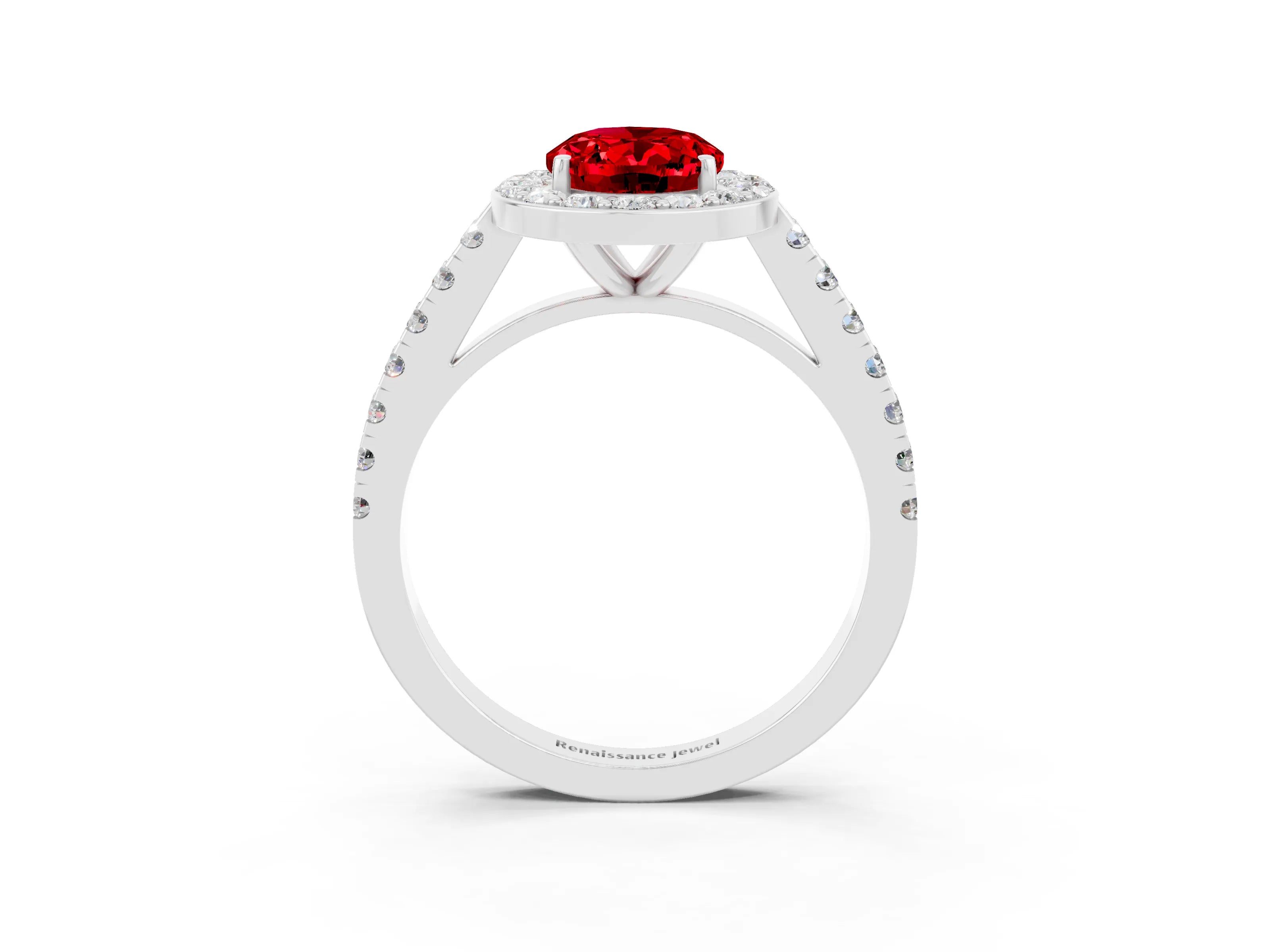 White gold Oval Cut Halo Diamond Ring with Pavé Band and Three-Prong Setting_27