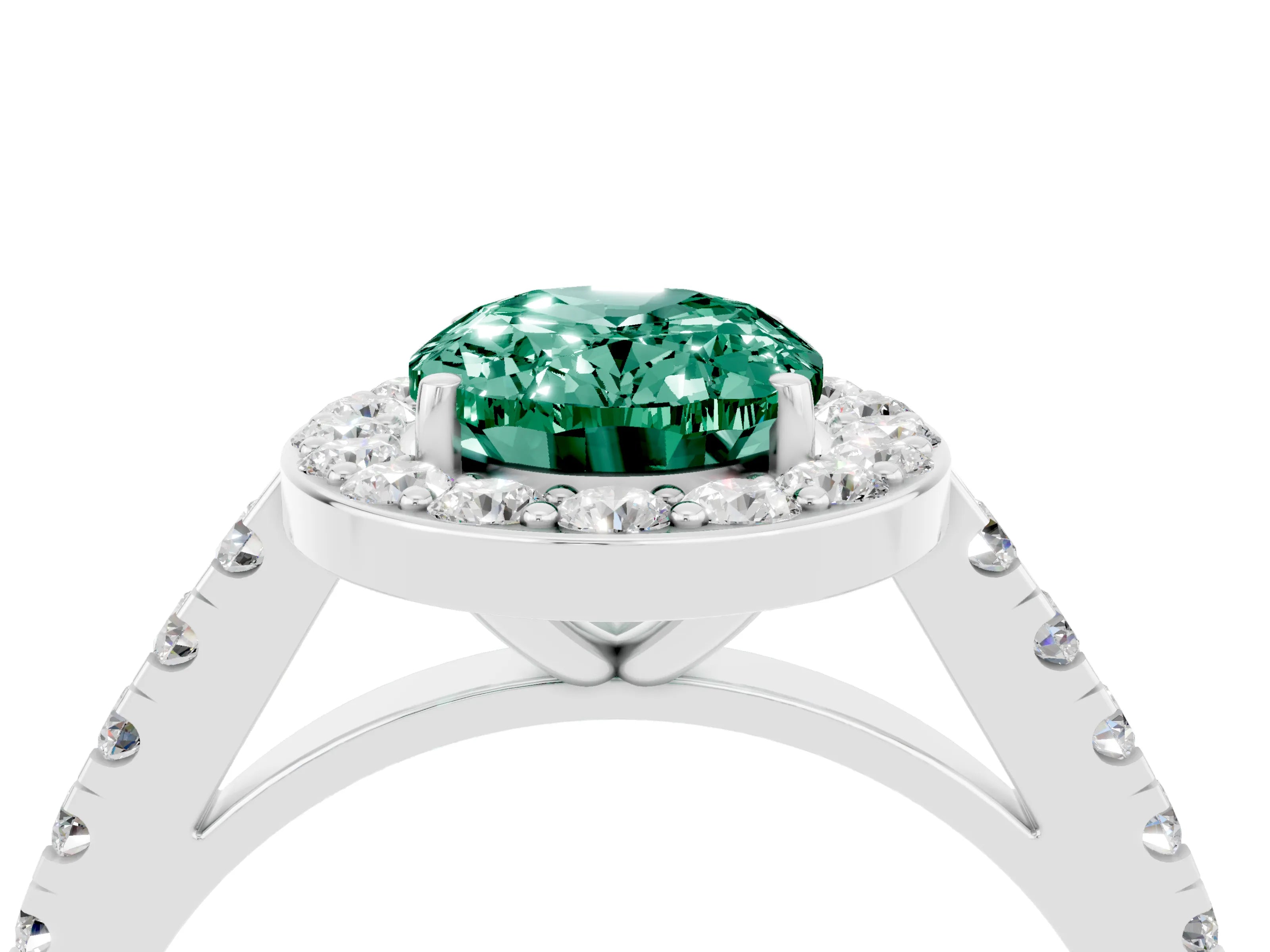 White gold Oval Cut Halo Diamond Ring with Pavé Band and Three-Prong Setting_28