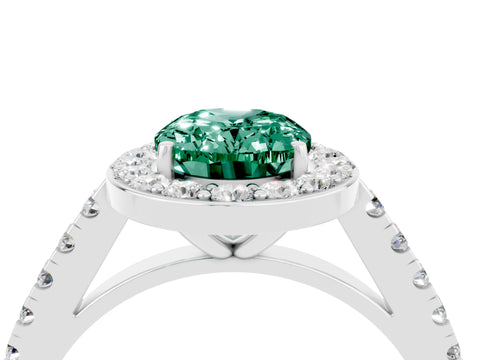 White gold Oval Cut Halo Diamond Ring with Pavé Band and Three-Prong Setting_28