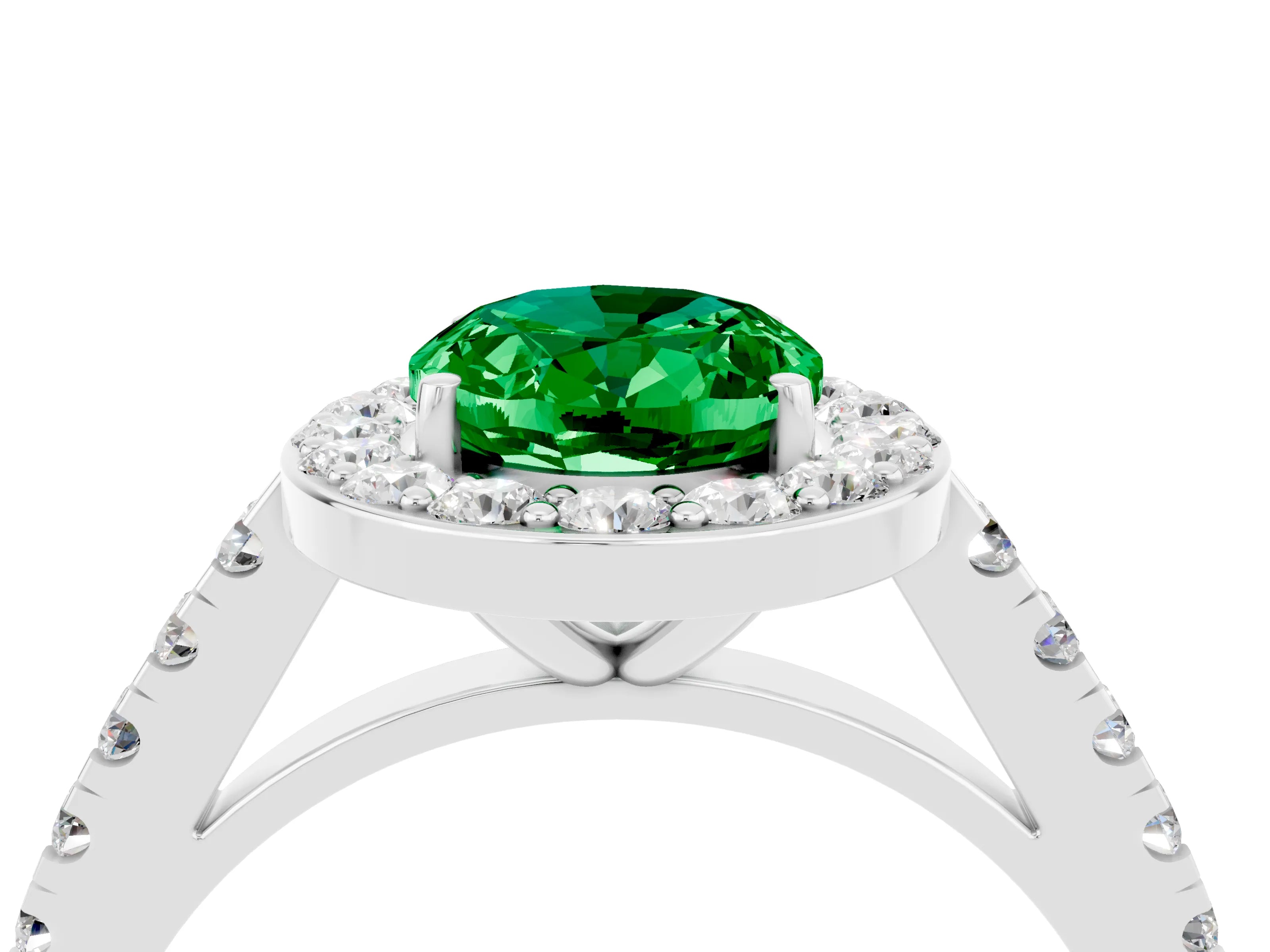 White gold Oval Cut Halo Diamond Ring with Pavé Band and Three-Prong Setting_28