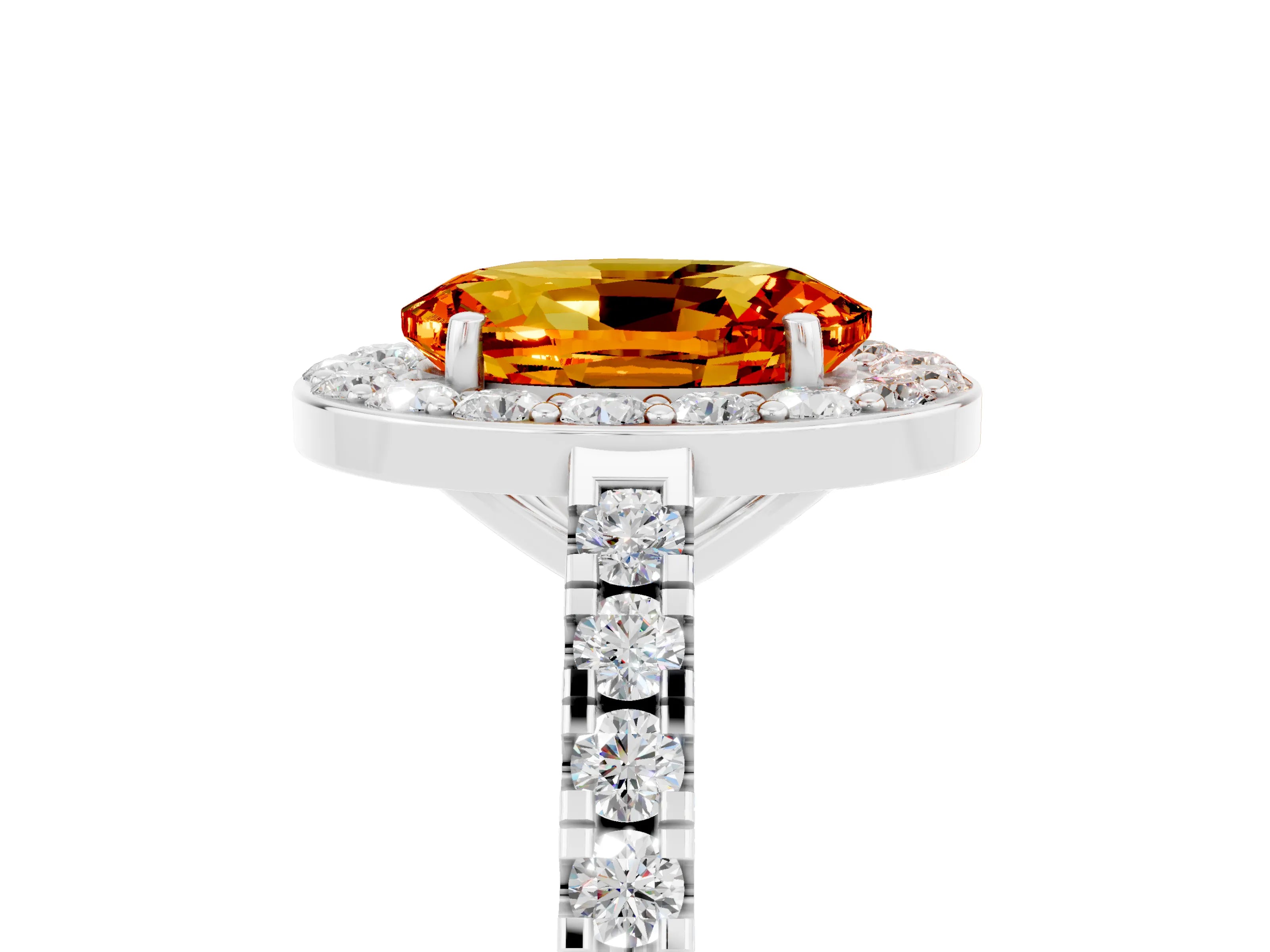 White gold Oval Cut Halo Diamond Ring with Pavé Band and Three-Prong Setting_29