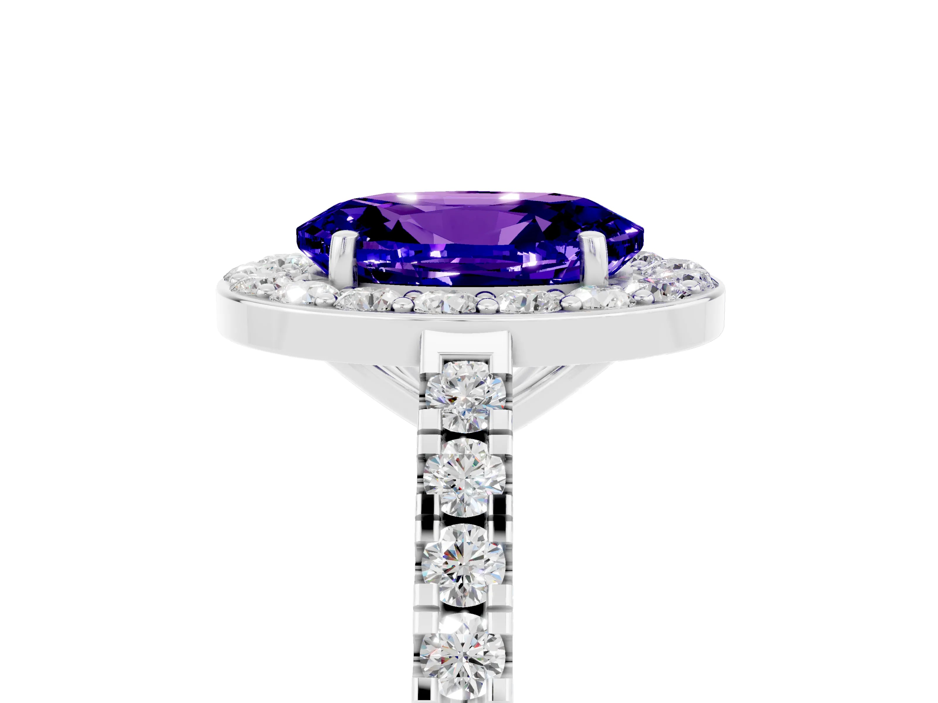 White gold Oval Cut Halo Diamond Ring with Pavé Band and Three-Prong Setting_29