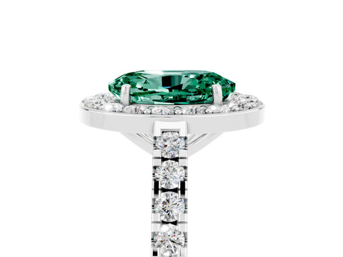 White gold Oval Cut Halo Diamond Ring with Pavé Band and Three-Prong Setting_29