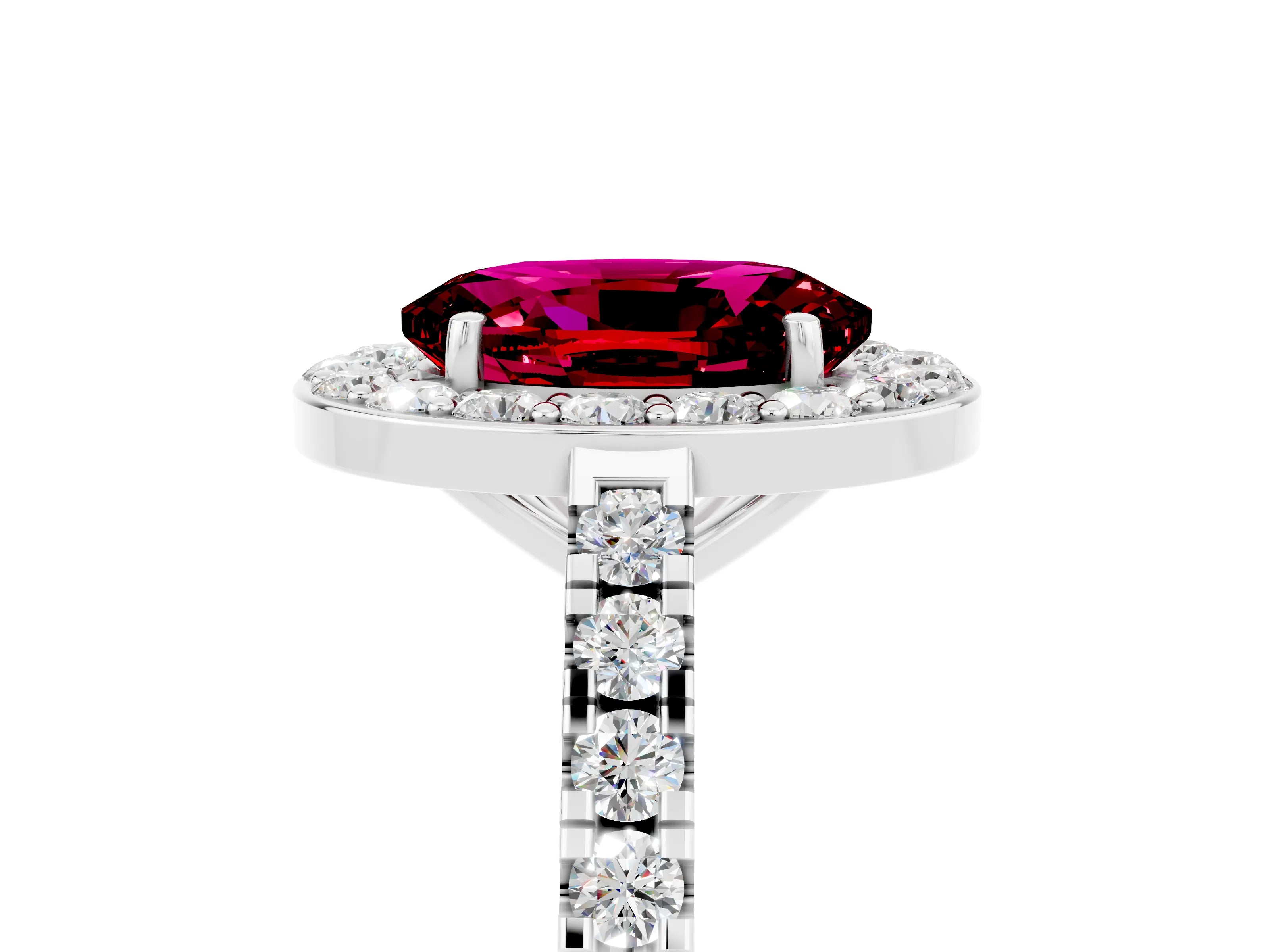 White gold Oval Cut Halo Diamond Ring with Pavé Band and Three-Prong Setting_29