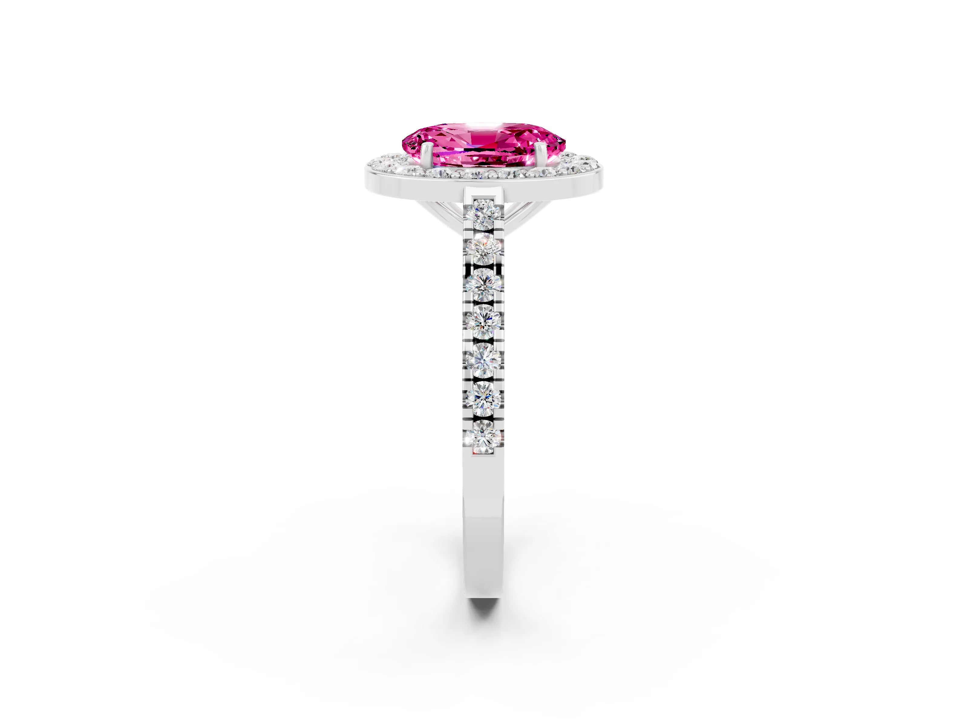 White gold Oval Cut Halo Diamond Ring with Pavé Band and Three-Prong Setting_2