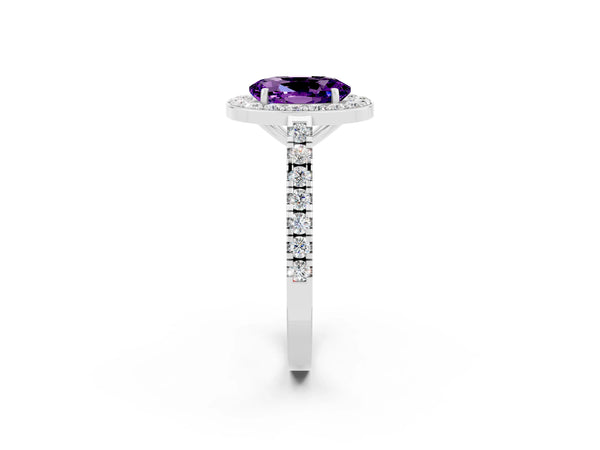 Silver Oval Cut Amethyst Halo Ring with Round Pavé Split Shank and Prong Setting