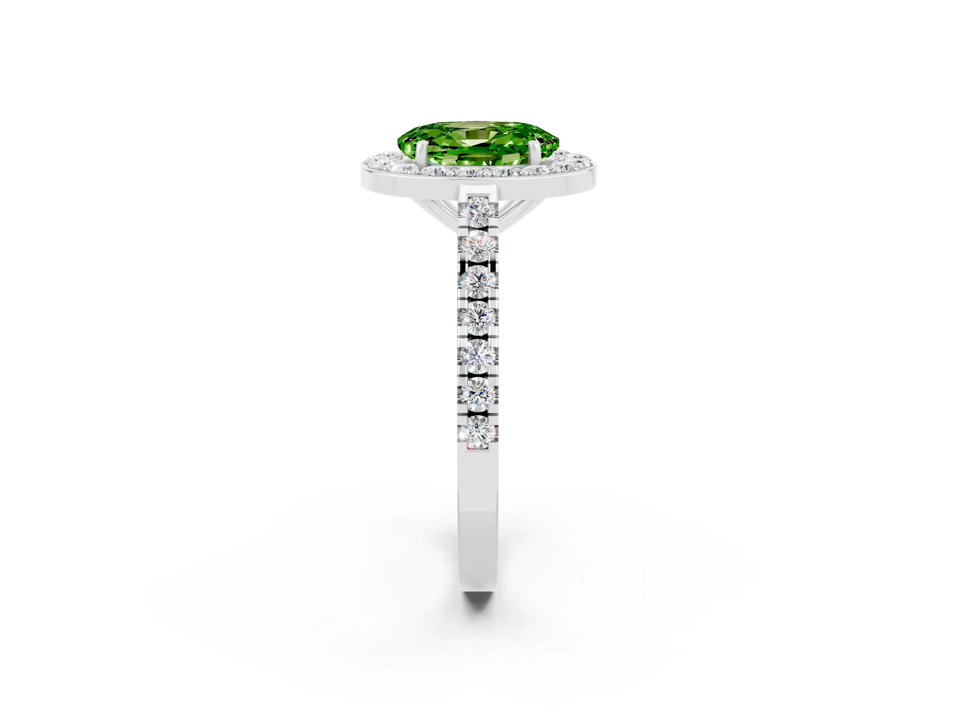 White gold Oval Cut Halo Diamond Ring with Pavé Band and Three-Prong Setting_2