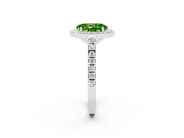 White gold Oval Cut Halo Diamond Ring with Pavé Band and Three-Prong Setting