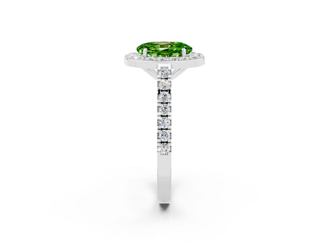 White gold Oval Cut Halo Diamond Ring with Pavé Band and Three-Prong Setting_2