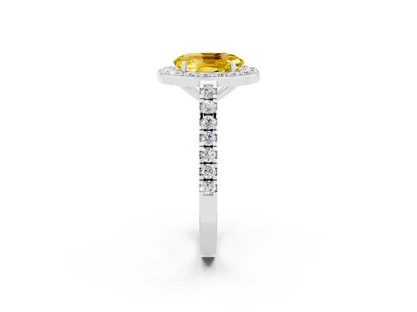 Silver Oval Cut Yellow Sapphire Halo Ring with Round Pavé Split Shank and Prong Setting