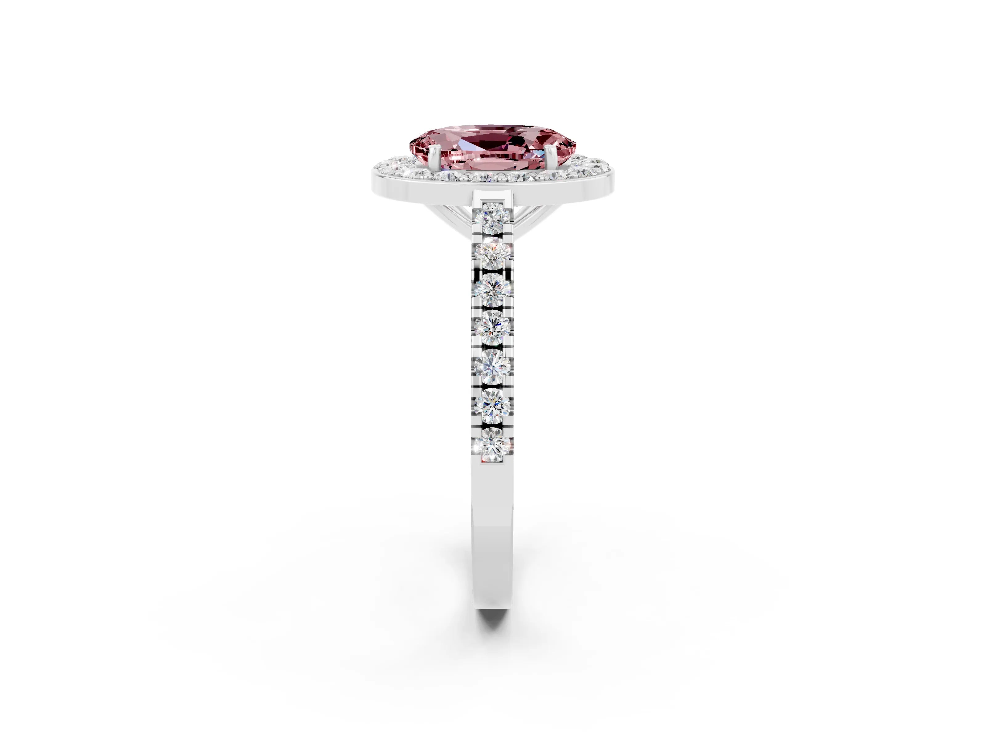 White gold Oval Cut Halo Diamond Ring with Pavé Band and Three-Prong Setting_2