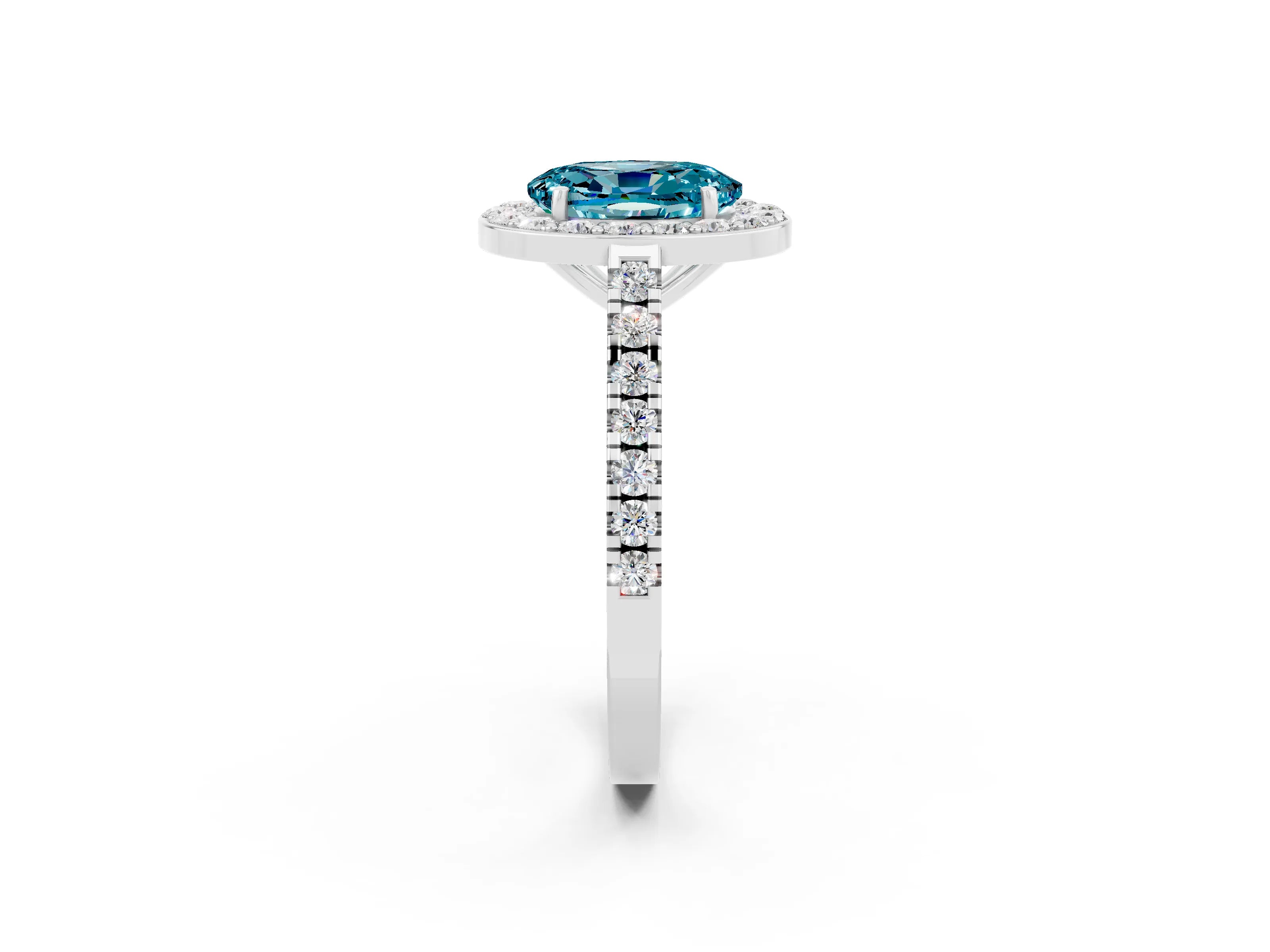 White gold Oval Cut Halo Diamond Ring with Pavé Band and Three-Prong Setting_2