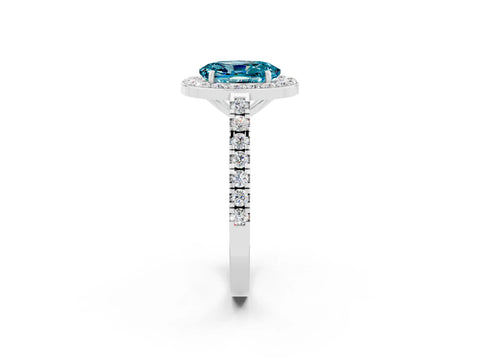 White gold Oval Cut Halo Diamond Ring with Pavé Band and Three-Prong Setting_2