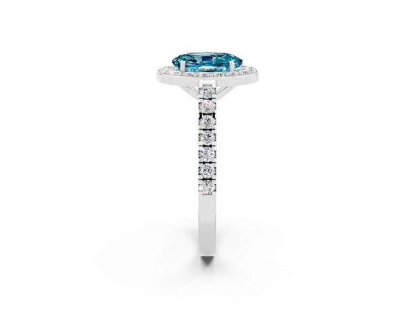 White gold Oval Cut Halo Diamond Ring with Pavé Band and Three-Prong Setting