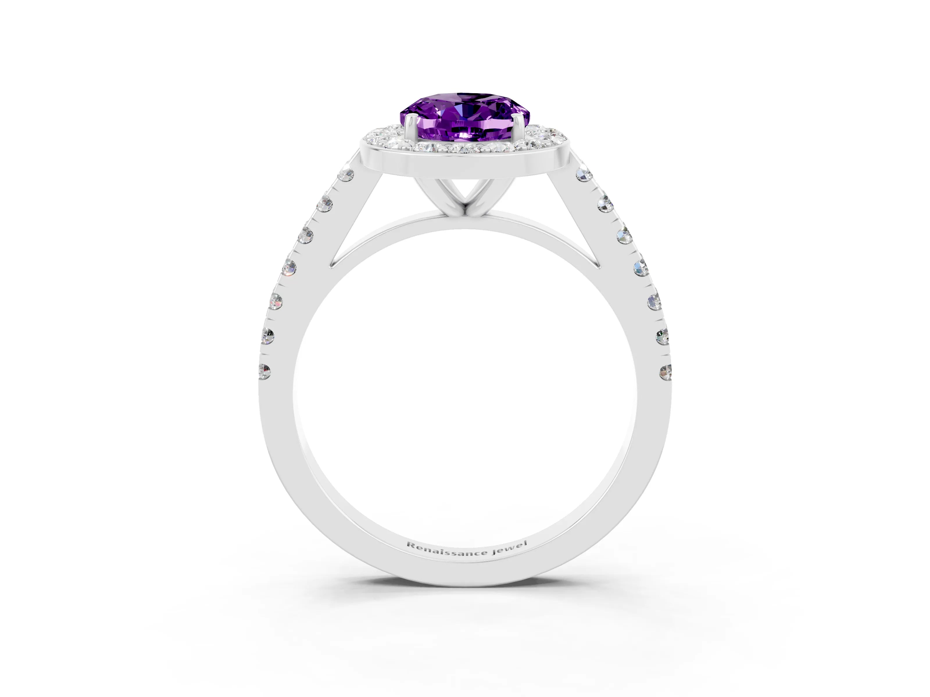 White gold Oval Cut Halo Diamond Ring with Pavé Band and Three-Prong Setting_3