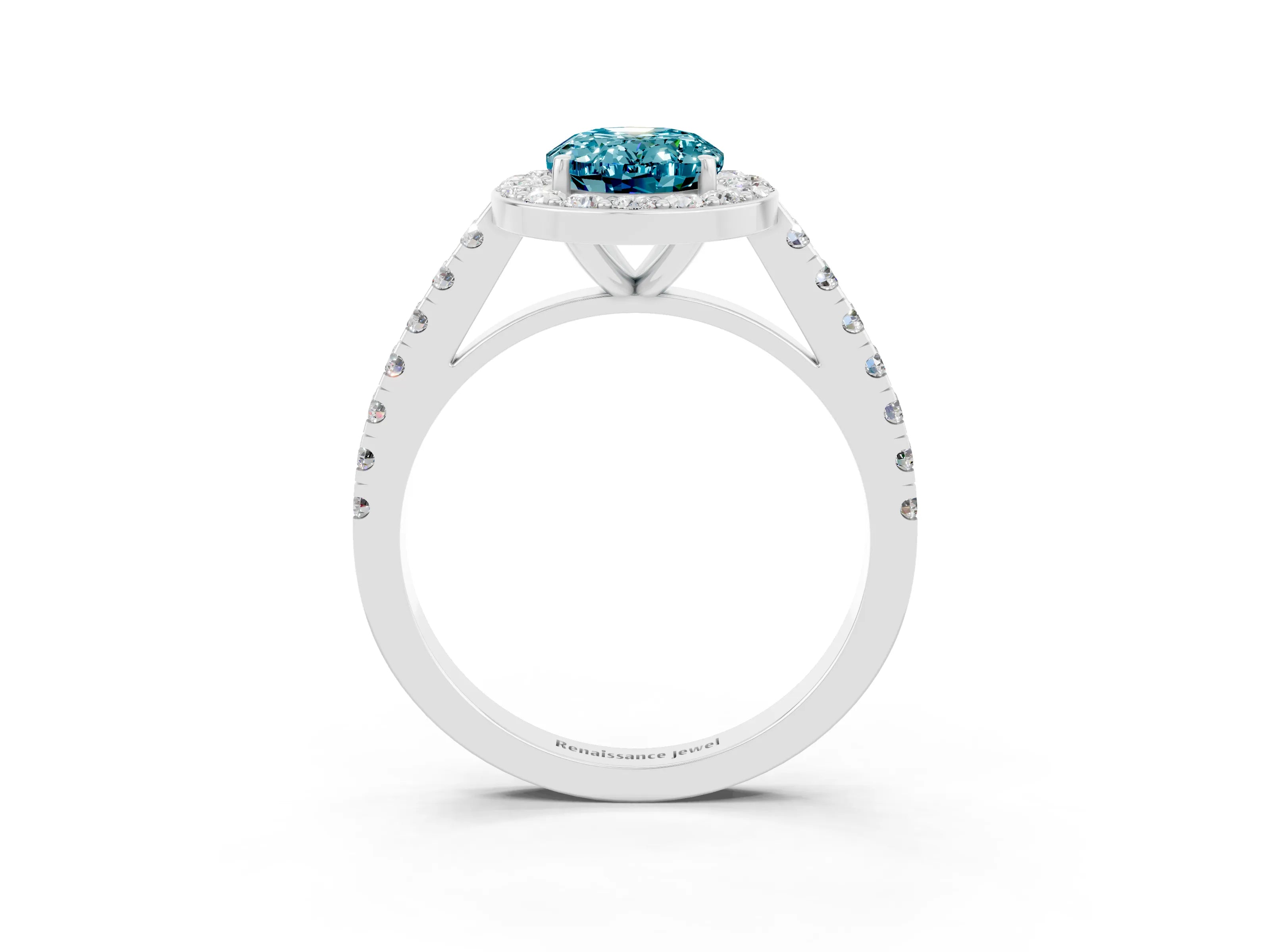 White gold Oval Cut Halo Diamond Ring with Pavé Band and Three-Prong Setting_3