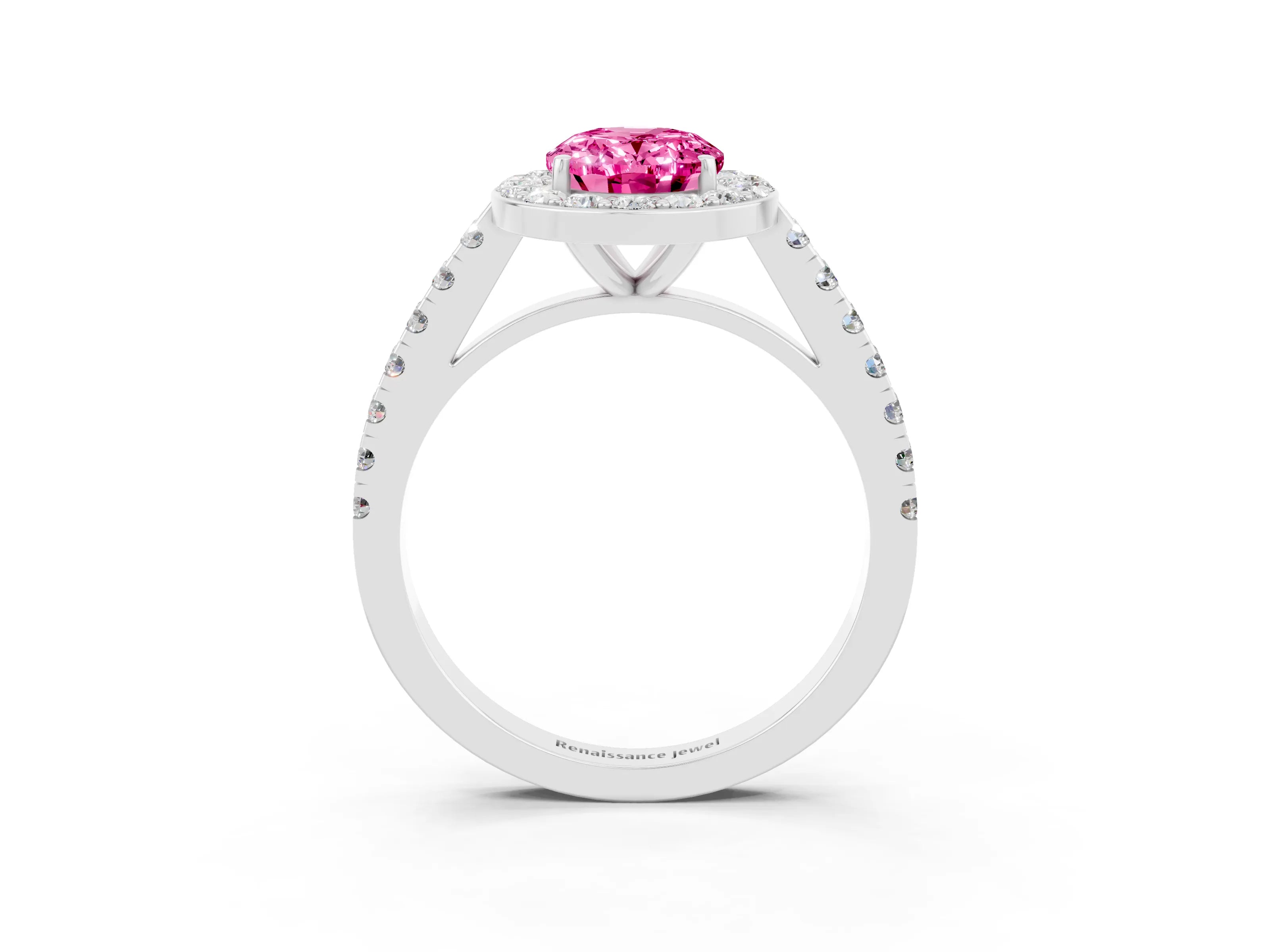 White gold Oval Cut Halo Diamond Ring with Pavé Band and Three-Prong Setting_3