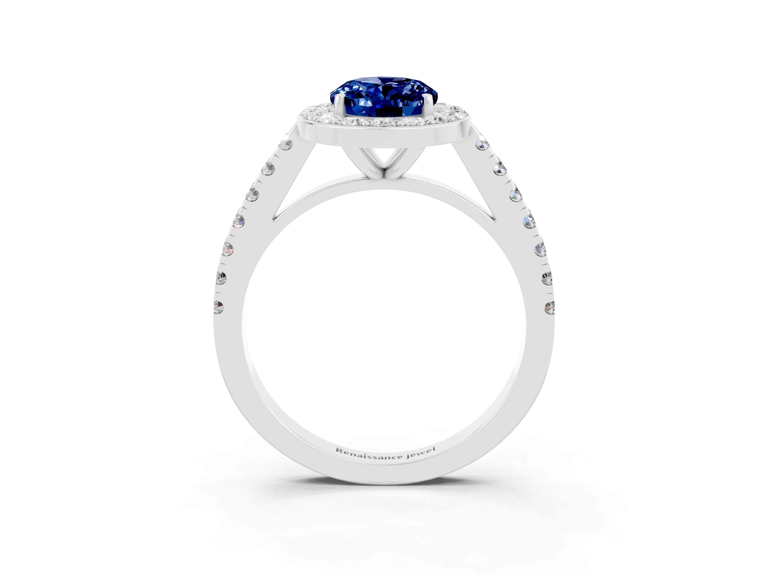 White gold Oval Cut Halo Diamond Ring with Pavé Band and Three-Prong Setting_3