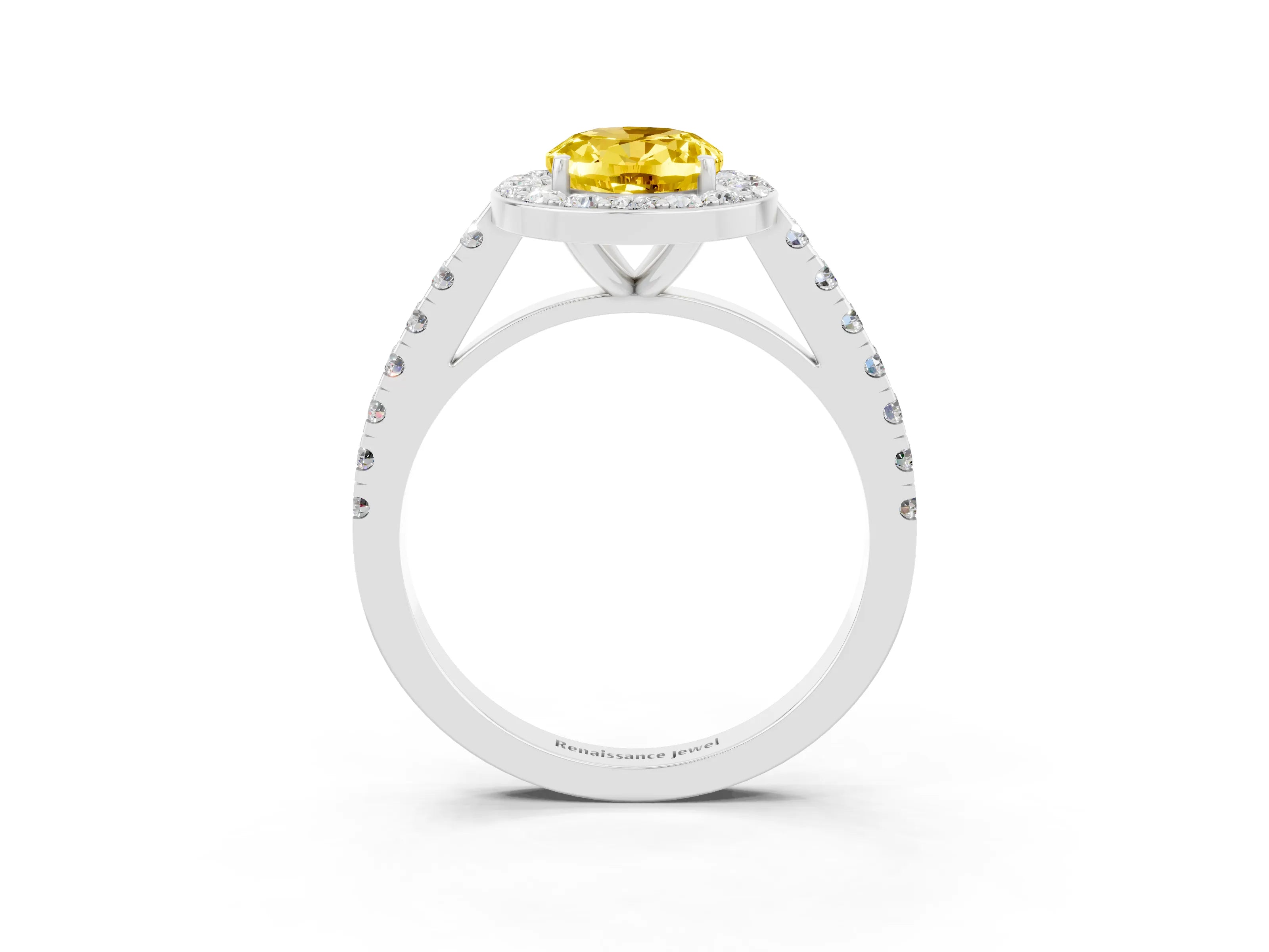 White gold Oval Cut Halo Diamond Ring with Pavé Band and Three-Prong Setting_3